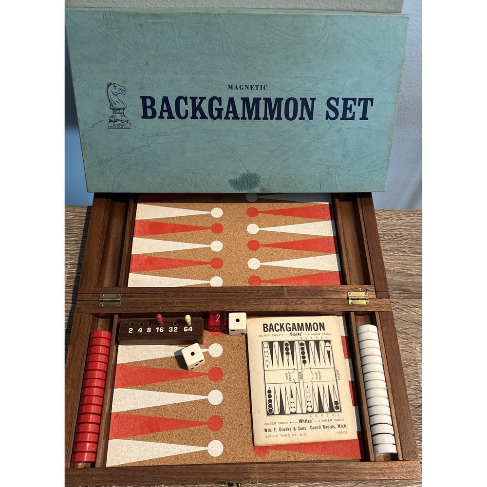 Drueke & Sons Magnetic Backgammon Set #8000 Wooden Box  w Instructions Travel Sz